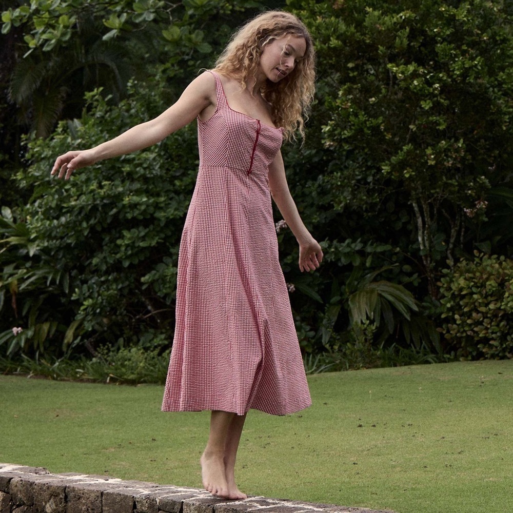 Doen Delaney Cotton Bow A Line Midi Maxi Dress Red Rouje La Maddalena Gingham - Picture 6 of 15